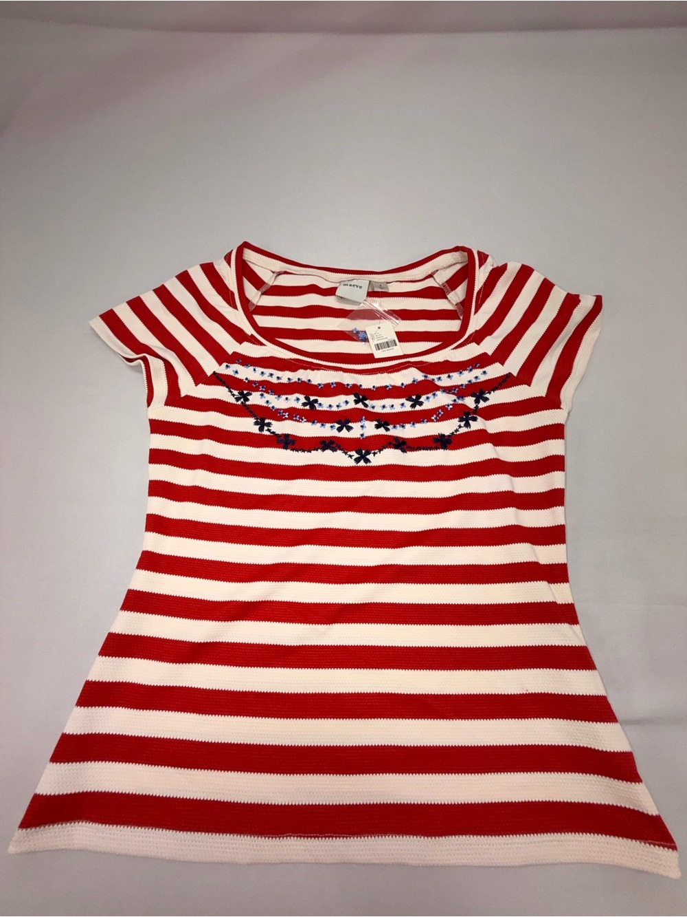 Maeve Anthropologie Top Women S NWT Red White Stripe Embroidered Beaded Floral